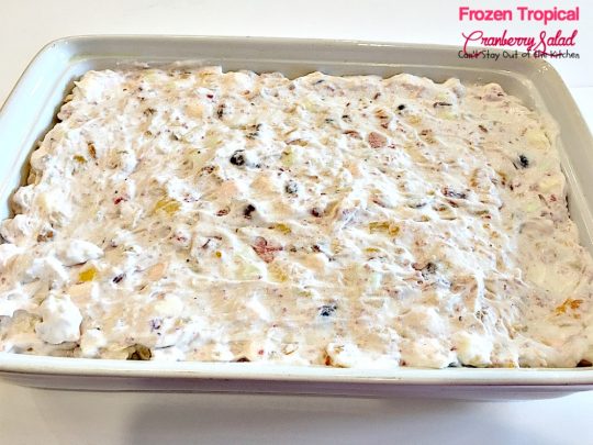 Frozen Tropical Cranberry Salad | Can't Stay Out of the Kitchen | this scrumptious frozen #salad has a tropical flair with #pineapple #mangos #mandarinoranges #strawberries #wholeberrycranberrysauce & #marshmallows. #glutenfree