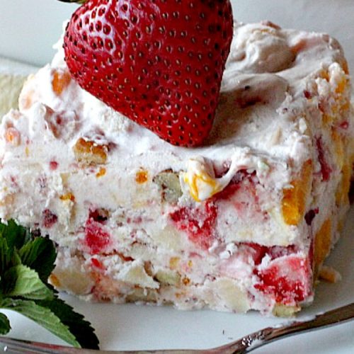 Frozen Tropical Cranberry Salad | Can't Stay Out of the Kitchen | this scrumptious frozen #salad has a tropical flair with #pineapple #mangos #mandarinoranges #strawberries #wholeberrycranberrysauce & #marshmallows. #glutenfree