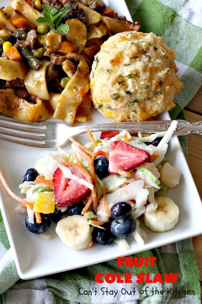 Fruit Cole Slaw | Can't Stay Out of the Kitchen | try this revved up version of #ColeSlaw for your next #holiday potluck. Perfect for #MothersDay, #MemorialDay, #FathersDay, #FourthofJuly & #LaborDay. This one includes #Strawberries #Blueberries, #Bananas & #FruitCocktail. #Salad #FruitColeSlaw #GlutenFree #Healthy #LowCalorie #CleanEating