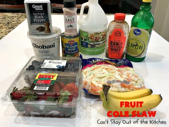 Fruit Cole Slaw | Can't Stay Out of the Kitchen | try this revved up version of #ColeSlaw for your next #holiday potluck. Perfect for #MothersDay, #MemorialDay, #FathersDay, #FourthofJuly & #LaborDay. This one includes #Strawberries #Blueberries, #Bananas & #FruitCocktail. #Salad #FruitColeSlaw #GlutenFree #Healthy #LowCalorie #CleanEating