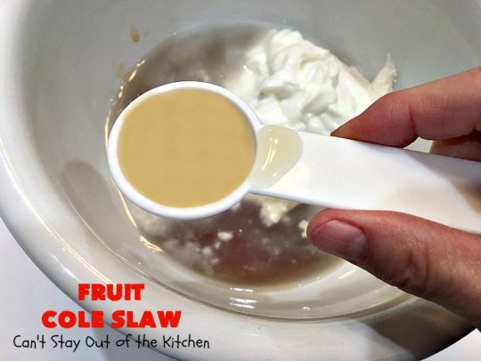 Fruit Cole Slaw | Can't Stay Out of the Kitchen | try this revved up version of #ColeSlaw for your next #holiday potluck. Perfect for #MothersDay, #MemorialDay, #FathersDay, #FourthofJuly & #LaborDay. This one includes #Strawberries #Blueberries, #Bananas & #FruitCocktail. #Salad #FruitColeSlaw #GlutenFree #Healthy #LowCalorie #CleanEating