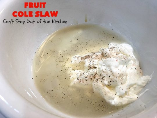 Fruit Cole Slaw | Can't Stay Out of the Kitchen | try this revved up version of #ColeSlaw for your next #holiday potluck. Perfect for #MothersDay, #MemorialDay, #FathersDay, #FourthofJuly & #LaborDay. This one includes #Strawberries #Blueberries, #Bananas & #FruitCocktail. #Salad #FruitColeSlaw #GlutenFree #Healthy #LowCalorie #CleanEating