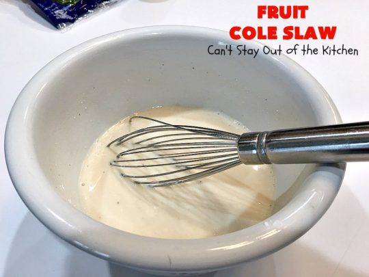 Fruit Cole Slaw | Can't Stay Out of the Kitchen | try this revved up version of #ColeSlaw for your next #holiday potluck. Perfect for #MothersDay, #MemorialDay, #FathersDay, #FourthofJuly & #LaborDay. This one includes #Strawberries #Blueberries, #Bananas & #FruitCocktail. #Salad #FruitColeSlaw #GlutenFree #Healthy #LowCalorie #CleanEating