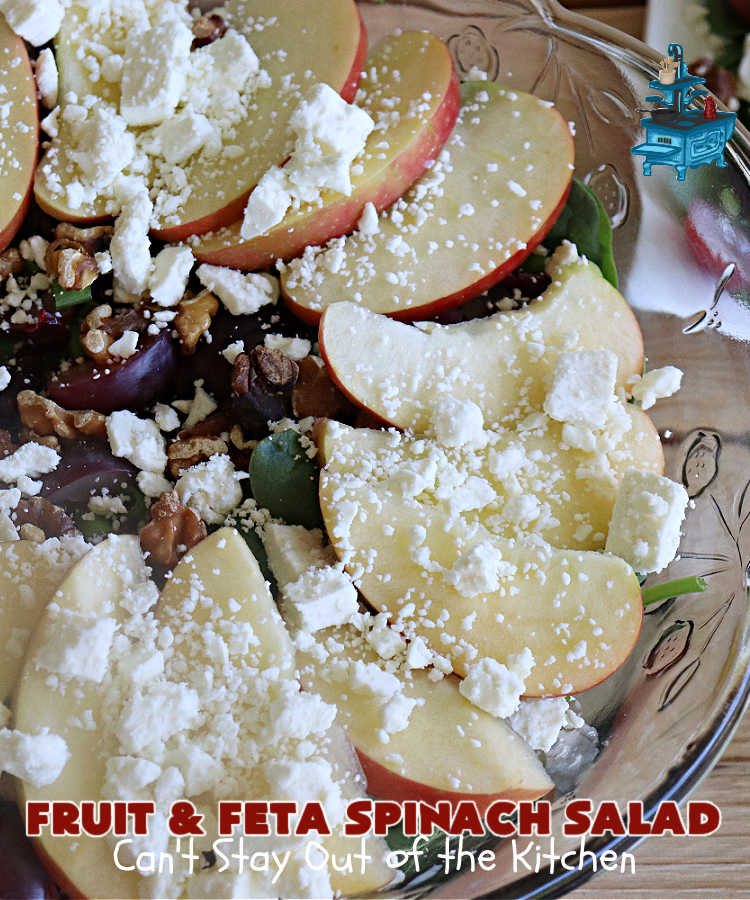 Fruit and Feta Spinach Salad | Can't Stay Out of the Kitchen | this delectable #TossedSalad is light & refreshing & perfect for #summer meals. It's filled with #fruit including #apples, #grapes & dried #cranberries. The toasted #walnuts & #FetaCheese add savory & smoky flavors along with a crunchy texture that's irresistible. If you enjoy #SpinachSalad this is a great way to serve it. Excellent for company or #holiday dinner menus too. #salad #GlutenFree #FruitAndFetaSpinachSalad