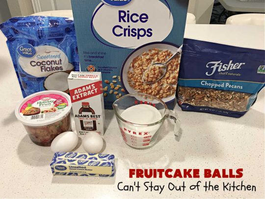 Fruitcake Balls | Can't Stay Out of the Kitchen | these lovely #cookies include #fruitcake mix, #pecans #RiceKrispies & #coconut. They're fantastic for #holiday #baking, #tailgating parties & a #ChristmasCookieExchange. This is a mouthwatering & irresistible #GlutenFree #dessert #ChristmasDessert #HolidayDessert #FruitcakeDessert #ParadiseCandiedFruit #ParadiseFruitCompany #FruitcakeBalls