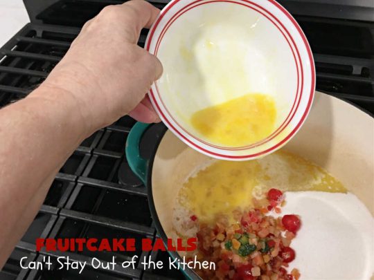Fruitcake Balls | Can't Stay Out of the Kitchen | these lovely #cookies include #fruitcake mix, #pecans #RiceKrispies & #coconut. They're fantastic for #holiday #baking, #tailgating parties & a #ChristmasCookieExchange. This is a mouthwatering & irresistible #GlutenFree #dessert #ChristmasDessert #HolidayDessert #FruitcakeDessert #ParadiseCandiedFruit #ParadiseFruitCompany #FruitcakeBalls