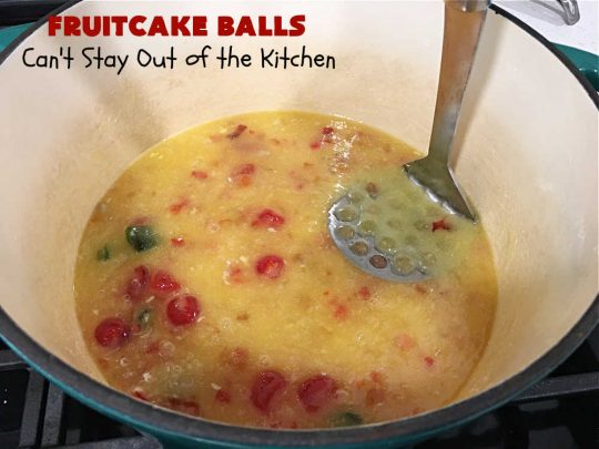 Fruitcake Balls | Can't Stay Out of the Kitchen | these lovely #cookies include #fruitcake mix, #pecans #RiceKrispies & #coconut. They're fantastic for #holiday #baking, #tailgating parties & a #ChristmasCookieExchange. This is a mouthwatering & irresistible #GlutenFree #dessert #ChristmasDessert #HolidayDessert #FruitcakeDessert #ParadiseCandiedFruit #ParadiseFruitCompany #FruitcakeBalls