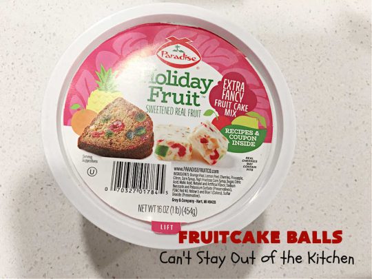 Fruitcake Balls | Can't Stay Out of the Kitchen | these lovely #cookies include #fruitcake mix, #pecans #RiceKrispies & #coconut. They're fantastic for #holiday #baking, #tailgating parties & a #ChristmasCookieExchange. This is a mouthwatering & irresistible #GlutenFree #dessert #ChristmasDessert #HolidayDessert #FruitcakeDessert #ParadiseCandiedFruit #ParadiseFruitCompany #FruitcakeBalls