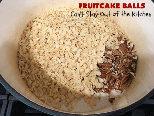 Fruitcake Balls | Can't Stay Out of the Kitchen | these lovely #cookies include #fruitcake mix, #pecans #RiceKrispies & #coconut. They're fantastic for #holiday #baking, #tailgating parties & a #ChristmasCookieExchange. This is a mouthwatering & irresistible #GlutenFree #dessert #ChristmasDessert #HolidayDessert #FruitcakeDessert #ParadiseCandiedFruit #ParadiseFruitCompany #FruitcakeBalls