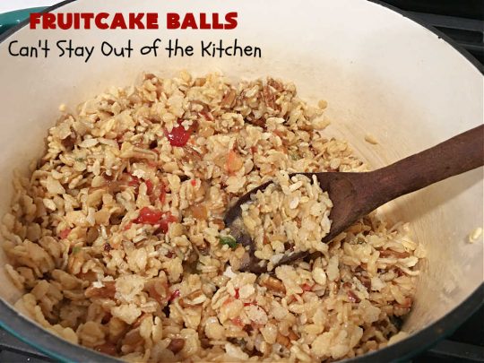Fruitcake Balls | Can't Stay Out of the Kitchen | these lovely #cookies include #fruitcake mix, #pecans #RiceKrispies & #coconut. They're fantastic for #holiday #baking, #tailgating parties & a #ChristmasCookieExchange. This is a mouthwatering & irresistible #GlutenFree #dessert #ChristmasDessert #HolidayDessert #FruitcakeDessert #ParadiseCandiedFruit #ParadiseFruitCompany #FruitcakeBalls