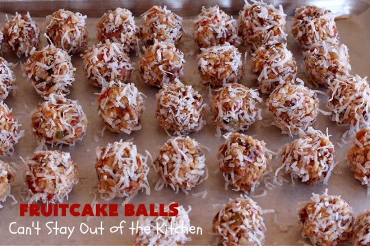 Fruitcake Balls | Can't Stay Out of the Kitchen | these lovely #cookies include #fruitcake mix, #pecans #RiceKrispies & #coconut. They're fantastic for #holiday #baking, #tailgating parties & a #ChristmasCookieExchange. This is a mouthwatering & irresistible #GlutenFree #dessert #ChristmasDessert #HolidayDessert #FruitcakeDessert #ParadiseCandiedFruit #ParadiseFruitCompany #FruitcakeBalls