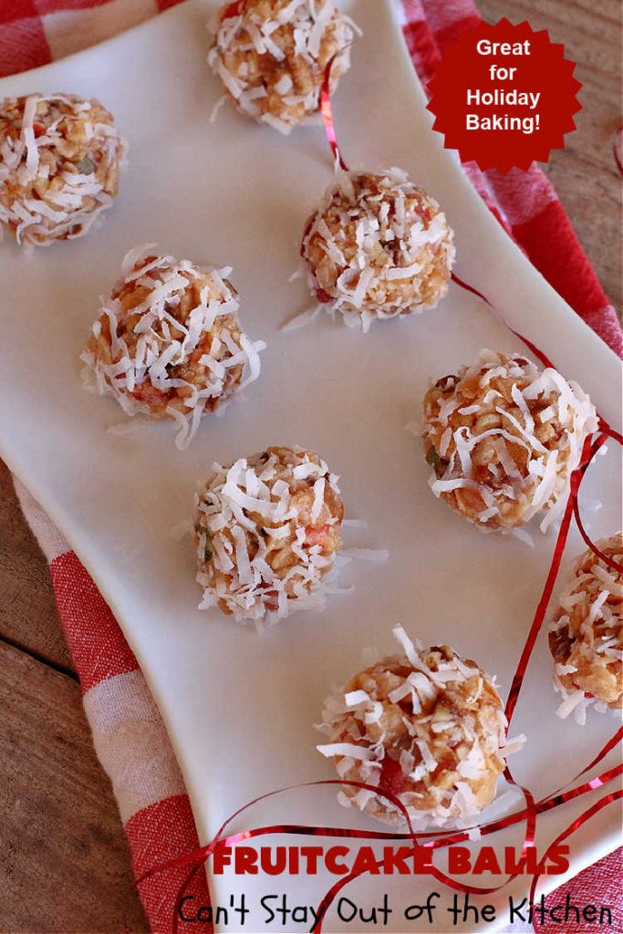 Fruitcake Balls | Can't Stay Out of the Kitchen | these lovely #cookies include #fruitcake mix, #pecans #RiceKrispies & #coconut. They're fantastic for #holiday #baking, #tailgating parties & a #ChristmasCookieExchange. This is a mouthwatering & irresistible #GlutenFree #dessert #ChristmasDessert #HolidayDessert #FruitcakeDessert #ParadiseCandiedFruit #ParadiseFruitCompany #FruitcakeBalls