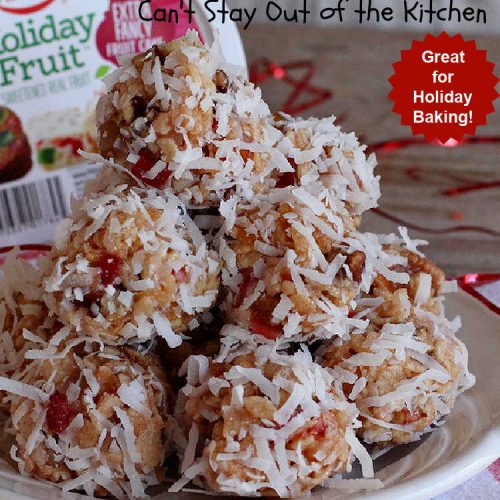 Fruitcake Balls | Can't Stay Out of the Kitchen | these lovely #cookies include #fruitcake mix, #pecans #RiceKrispies & #coconut. They're fantastic for #holiday #baking, #tailgating parties & a #ChristmasCookieExchange. This is a mouthwatering & irresistible #GlutenFree #dessert #ChristmasDessert #HolidayDessert #FruitcakeDessert #ParadiseCandiedFruit #ParadiseFruitCompany #FruitcakeBalls