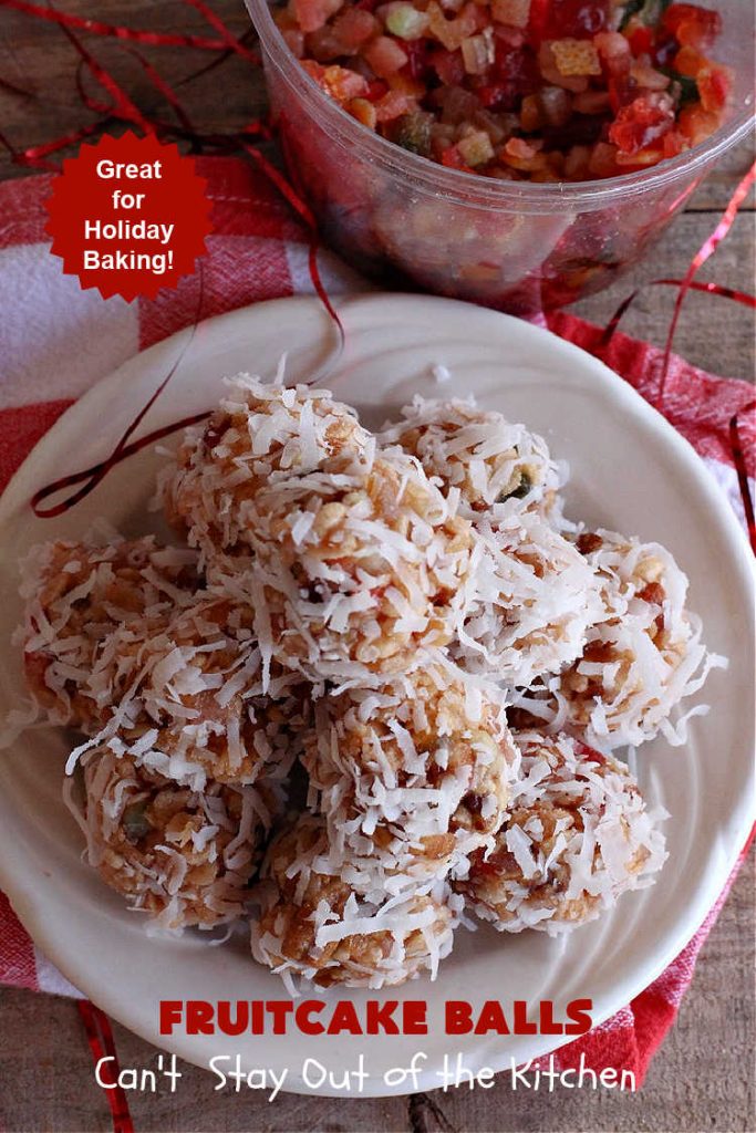 Fruitcake Balls | Can't Stay Out of the Kitchen | these lovely #cookies include #fruitcake mix, #pecans #RiceKrispies & #coconut. They're fantastic for #holiday #baking, #tailgating parties & a #ChristmasCookieExchange. This is a mouthwatering & irresistible #GlutenFree #dessert #ChristmasDessert #HolidayDessert #FruitcakeDessert #ParadiseCandiedFruit #ParadiseFruitCompany #FruitcakeBalls