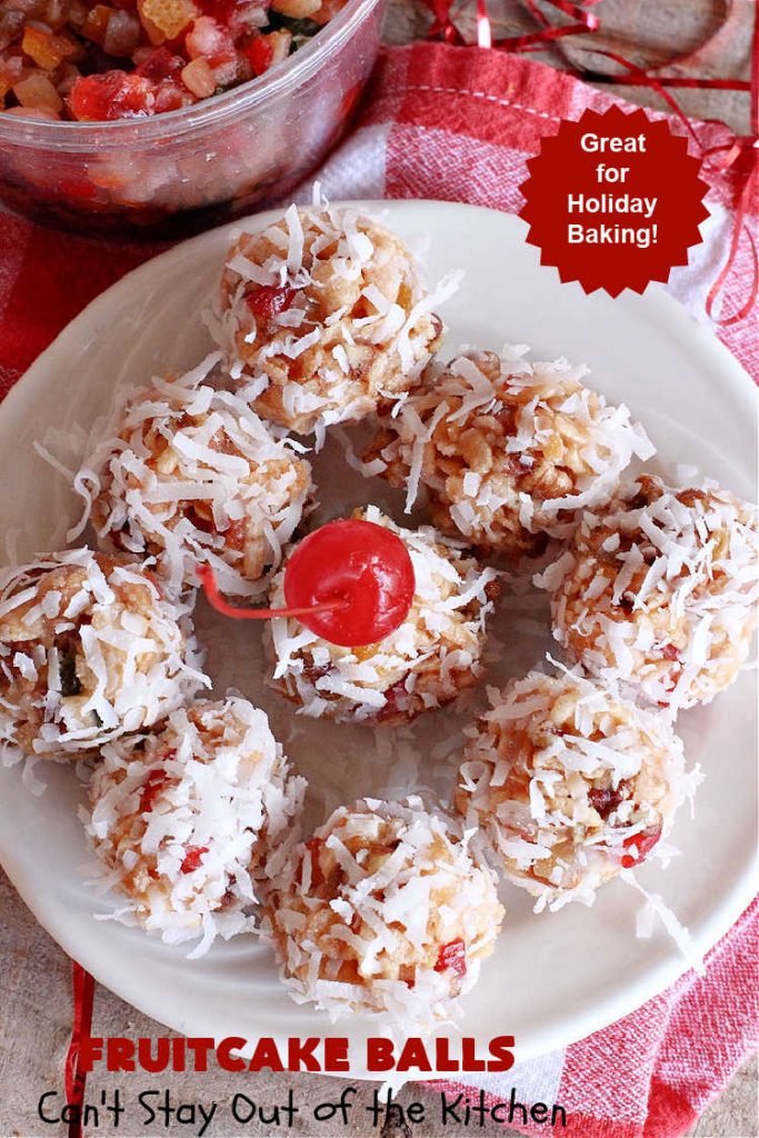 Fruitcake Balls | Can't Stay Out of the Kitchen | these lovely #cookies include #fruitcake mix, #pecans #RiceKrispies & #coconut. They're fantastic for #holiday #baking, #tailgating parties & a #ChristmasCookieExchange. This is a mouthwatering & irresistible #GlutenFree #dessert #ChristmasDessert #HolidayDessert #FruitcakeDessert #ParadiseCandiedFruit #ParadiseFruitCompany #FruitcakeBalls