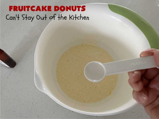 Fruitcake Donuts | Can't Stay Out of the Kitchen | #FruitcakeDonuts are divine! These heavenly #donuts are filled with #fruitcake mix & laced with #AlmondExtract which greatly increases the flavor. #Almond icing & #RainbowSprinkles amp up the flavors even more! Perfect for #Thanksgiving or #Christmas #breakfast or #brunch. #CandiedCherries #CandiedPineapple #ParadiseFruit #HolidayBreakfast #holiday
