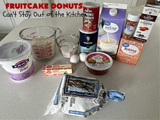Fruitcake Donuts | Can't Stay Out of the Kitchen | #FruitcakeDonuts are divine! These heavenly #donuts are filled with #fruitcake mix & laced with #AlmondExtract which greatly increases the flavor. #Almond icing & #RainbowSprinkles amp up the flavors even more! Perfect for #Thanksgiving or #Christmas #breakfast or #brunch. #CandiedCherries #CandiedPineapple #ParadiseFruit #HolidayBreakfast #holiday