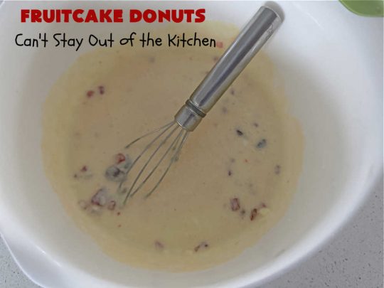 Fruitcake Donuts | Can't Stay Out of the Kitchen | #FruitcakeDonuts are divine! These heavenly #donuts are filled with #fruitcake mix & laced with #AlmondExtract which greatly increases the flavor. #Almond icing & #RainbowSprinkles amp up the flavors even more! Perfect for #Thanksgiving or #Christmas #breakfast or #brunch. #CandiedCherries #CandiedPineapple #ParadiseFruit #HolidayBreakfast #holiday