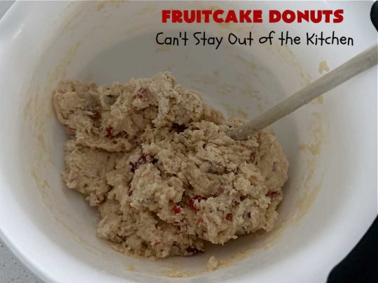 Fruitcake Donuts | Can't Stay Out of the Kitchen | #FruitcakeDonuts are divine! These heavenly #donuts are filled with #fruitcake mix & laced with #AlmondExtract which greatly increases the flavor. #Almond icing & #RainbowSprinkles amp up the flavors even more! Perfect for #Thanksgiving or #Christmas #breakfast or #brunch. #CandiedCherries #CandiedPineapple #ParadiseFruit #HolidayBreakfast #holiday