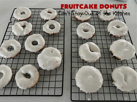 Fruitcake Donuts | Can't Stay Out of the Kitchen | #FruitcakeDonuts are divine! These heavenly #donuts are filled with #fruitcake mix & laced with #AlmondExtract which greatly increases the flavor. #Almond icing & #RainbowSprinkles amp up the flavors even more! Perfect for #Thanksgiving or #Christmas #breakfast or #brunch. #CandiedCherries #CandiedPineapple #ParadiseFruit #HolidayBreakfast #holiday