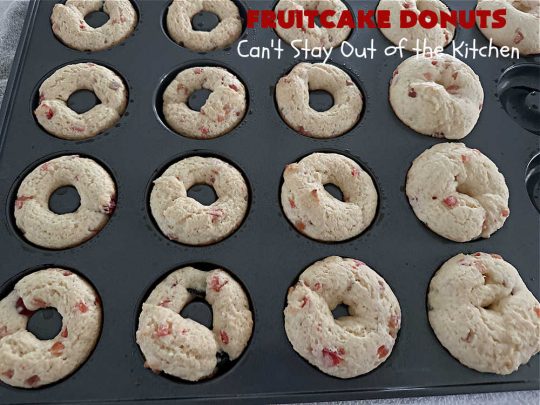 Fruitcake Donuts | Can't Stay Out of the Kitchen | #FruitcakeDonuts are divine! These heavenly #donuts are filled with #fruitcake mix & laced with #AlmondExtract which greatly increases the flavor. #Almond icing & #RainbowSprinkles amp up the flavors even more! Perfect for #Thanksgiving or #Christmas #breakfast or #brunch. #CandiedCherries #CandiedPineapple #ParadiseFruit #HolidayBreakfast #holiday