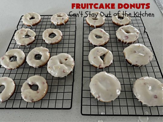 Fruitcake Donuts | Can't Stay Out of the Kitchen | #FruitcakeDonuts are divine! These heavenly #donuts are filled with #fruitcake mix & laced with #AlmondExtract which greatly increases the flavor. #Almond icing & #RainbowSprinkles amp up the flavors even more! Perfect for #Thanksgiving or #Christmas #breakfast or #brunch. #CandiedCherries #CandiedPineapple #ParadiseFruit #HolidayBreakfast #holiday