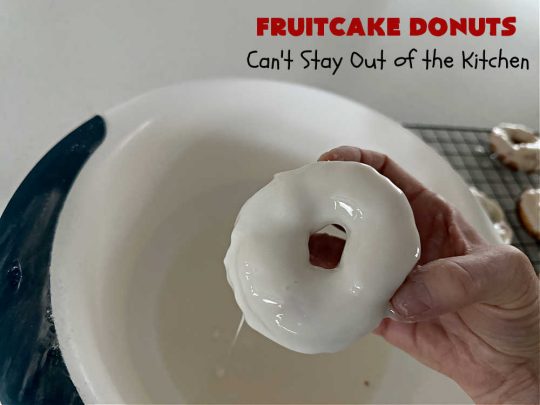 Fruitcake Donuts | Can't Stay Out of the Kitchen | #FruitcakeDonuts are divine! These heavenly #donuts are filled with #fruitcake mix & laced with #AlmondExtract which greatly increases the flavor. #Almond icing & #RainbowSprinkles amp up the flavors even more! Perfect for #Thanksgiving or #Christmas #breakfast or #brunch. #CandiedCherries #CandiedPineapple #ParadiseFruit #HolidayBreakfast #holiday