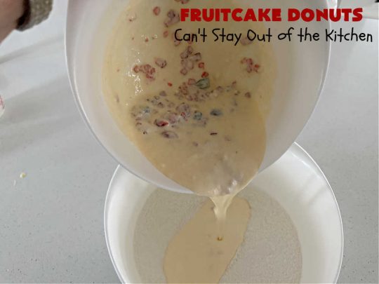 Fruitcake Donuts | Can't Stay Out of the Kitchen | #FruitcakeDonuts are divine! These heavenly #donuts are filled with #fruitcake mix & laced with #AlmondExtract which greatly increases the flavor. #Almond icing & #RainbowSprinkles amp up the flavors even more! Perfect for #Thanksgiving or #Christmas #breakfast or #brunch. #CandiedCherries #CandiedPineapple #ParadiseFruit #HolidayBreakfast #holiday
