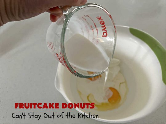 Fruitcake Donuts | Can't Stay Out of the Kitchen | #FruitcakeDonuts are divine! These heavenly #donuts are filled with #fruitcake mix & laced with #AlmondExtract which greatly increases the flavor. #Almond icing & #RainbowSprinkles amp up the flavors even more! Perfect for #Thanksgiving or #Christmas #breakfast or #brunch. #CandiedCherries #CandiedPineapple #ParadiseFruit #HolidayBreakfast #holiday