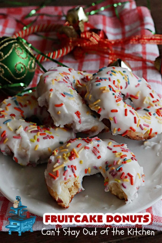 Fruitcake Donuts | Can't Stay Out of the Kitchen | #FruitcakeDonuts are divine! These heavenly #donuts are filled with #fruitcake mix & laced with #AlmondExtract which greatly increases the flavor. #Almond icing & #RainbowSprinkles amp up the flavors even more! Perfect for #Thanksgiving or #Christmas #breakfast or #brunch. #CandiedCherries #CandiedPineapple #ParadiseFruit #HolidayBreakfast #holiday