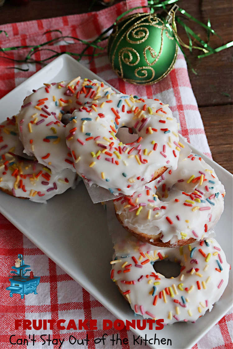 Fruitcake Donuts | Can't Stay Out of the Kitchen | #FruitcakeDonuts are divine! These heavenly #donuts are filled with #fruitcake mix & laced with #AlmondExtract which greatly increases the flavor. #Almond icing & #RainbowSprinkles amp up the flavors even more! Perfect for #Thanksgiving or #Christmas #breakfast or #brunch. #CandiedCherries #CandiedPineapple #ParadiseFruit #HolidayBreakfast #holiday