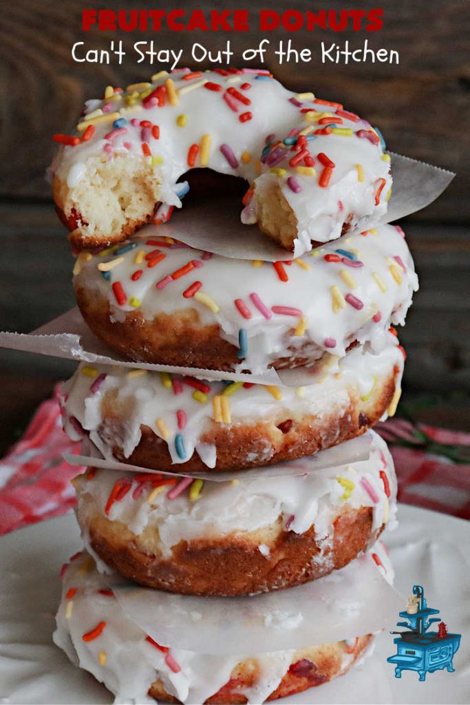Fruitcake Donuts | Can't Stay Out of the Kitchen | #FruitcakeDonuts are divine! These heavenly #donuts are filled with #fruitcake mix & laced with #AlmondExtract which greatly increases the flavor. #Almond icing & #RainbowSprinkles amp up the flavors even more! Perfect for #Thanksgiving or #Christmas #breakfast or #brunch. #CandiedCherries #CandiedPineapple #ParadiseFruit #HolidayBreakfast #holiday