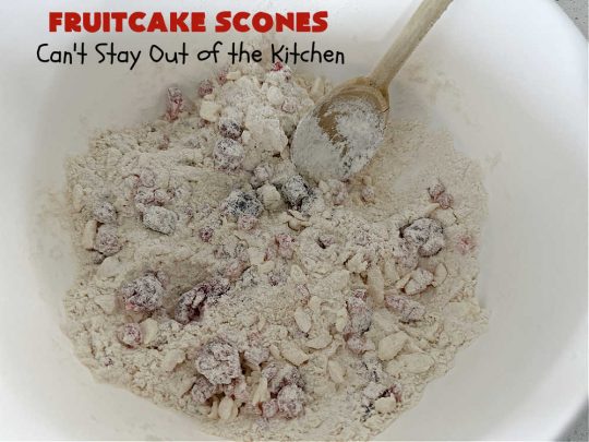 Fruitcake Scones | Can't Stay Out of the Kitchen | these #FruitcakeScones are to die for! Truly, these #scones are filled with #FruitcakeMix & laced with #AlmondExtract in the scone and the icing. Perfect for #breakfast or #brunch menus during #Thanksgiving week or #Christmas week. You'll be drooling over every bite! #holiday #HolidayBreakfast #HolidayBaking #fruitcake #cherries #ParadiseFruit