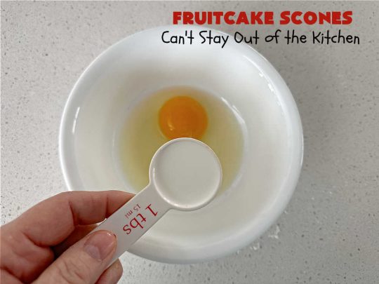 Fruitcake Scones | Can't Stay Out of the Kitchen | these #FruitcakeScones are to die for! Truly, these #scones are filled with #FruitcakeMix & laced with #AlmondExtract in the scone and the icing. Perfect for #breakfast or #brunch menus during #Thanksgiving week or #Christmas week. You'll be drooling over every bite! #holiday #HolidayBreakfast #HolidayBaking #fruitcake #cherries #ParadiseFruit