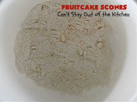Fruitcake Scones | Can't Stay Out of the Kitchen | these #FruitcakeScones are to die for! Truly, these #scones are filled with #FruitcakeMix & laced with #AlmondExtract in the scone and the icing. Perfect for #breakfast or #brunch menus during #Thanksgiving week or #Christmas week. You'll be drooling over every bite! #holiday #HolidayBreakfast #HolidayBaking #fruitcake #cherries #ParadiseFruit