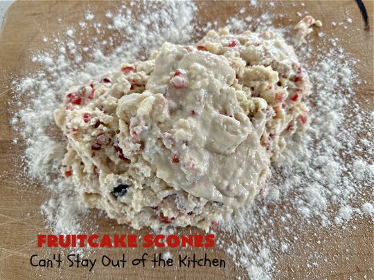 Fruitcake Scones | Can't Stay Out of the Kitchen | these #FruitcakeScones are to die for! Truly, these #scones are filled with #FruitcakeMix & laced with #AlmondExtract in the scone and the icing. Perfect for #breakfast or #brunch menus during #Thanksgiving week or #Christmas week. You'll be drooling over every bite! #holiday #HolidayBreakfast #HolidayBaking #fruitcake #cherries #ParadiseFruit