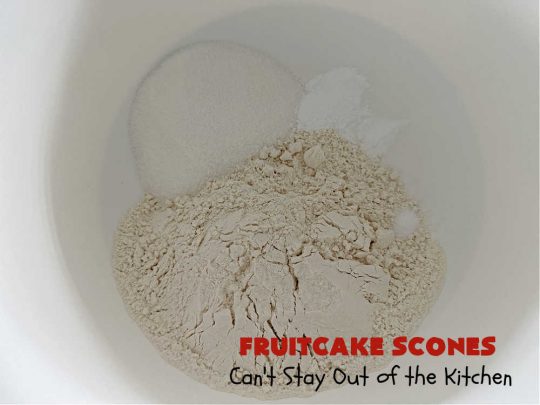 Fruitcake Scones | Can't Stay Out of the Kitchen | these #FruitcakeScones are to die for! Truly, these #scones are filled with #FruitcakeMix & laced with #AlmondExtract in the scone and the icing. Perfect for #breakfast or #brunch menus during #Thanksgiving week or #Christmas week. You'll be drooling over every bite! #holiday #HolidayBreakfast #HolidayBaking #fruitcake #cherries #ParadiseFruit