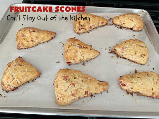 Fruitcake Scones | Can't Stay Out of the Kitchen | these #FruitcakeScones are to die for! Truly, these #scones are filled with #FruitcakeMix & laced with #AlmondExtract in the scone and the icing. Perfect for #breakfast or #brunch menus during #Thanksgiving week or #Christmas week. You'll be drooling over every bite! #holiday #HolidayBreakfast #HolidayBaking #fruitcake #cherries #ParadiseFruit