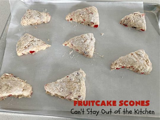 Fruitcake Scones | Can't Stay Out of the Kitchen | these #FruitcakeScones are to die for! Truly, these #scones are filled with #FruitcakeMix & laced with #AlmondExtract in the scone and the icing. Perfect for #breakfast or #brunch menus during #Thanksgiving week or #Christmas week. You'll be drooling over every bite! #holiday #HolidayBreakfast #HolidayBaking #fruitcake #cherries #ParadiseFruit