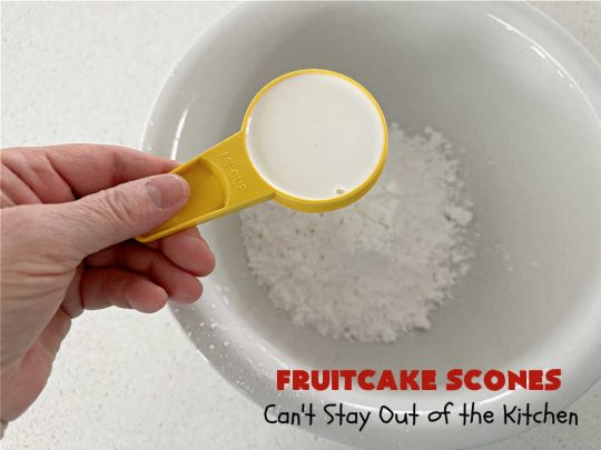 Fruitcake Scones | Can't Stay Out of the Kitchen | these #FruitcakeScones are to die for! Truly, these #scones are filled with #FruitcakeMix & laced with #AlmondExtract in the scone and the icing. Perfect for #breakfast or #brunch menus during #Thanksgiving week or #Christmas week. You'll be drooling over every bite! #holiday #HolidayBreakfast #HolidayBaking #fruitcake #cherries #ParadiseFruit