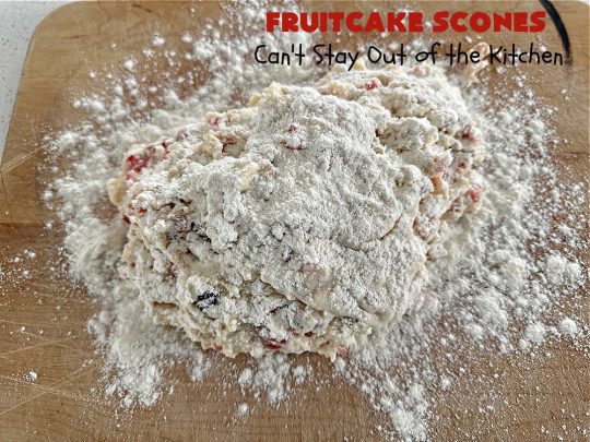 Fruitcake Scones | Can't Stay Out of the Kitchen | these #FruitcakeScones are to die for! Truly, these #scones are filled with #FruitcakeMix & laced with #AlmondExtract in the scone and the icing. Perfect for #breakfast or #brunch menus during #Thanksgiving week or #Christmas week. You'll be drooling over every bite! #holiday #HolidayBreakfast #HolidayBaking #fruitcake #cherries #ParadiseFruit