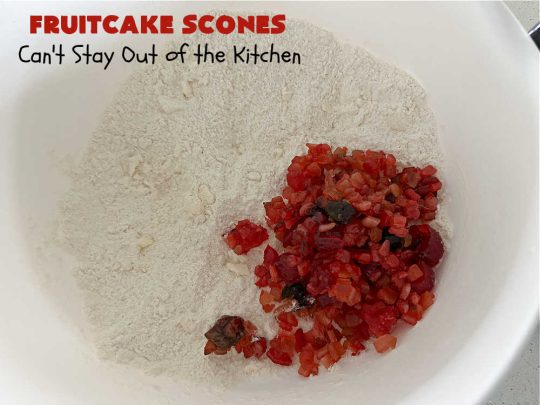 Fruitcake Scones | Can't Stay Out of the Kitchen | these #FruitcakeScones are to die for! Truly, these #scones are filled with #FruitcakeMix & laced with #AlmondExtract in the scone and the icing. Perfect for #breakfast or #brunch menus during #Thanksgiving week or #Christmas week. You'll be drooling over every bite! #holiday #HolidayBreakfast #HolidayBaking #fruitcake #cherries #ParadiseFruit