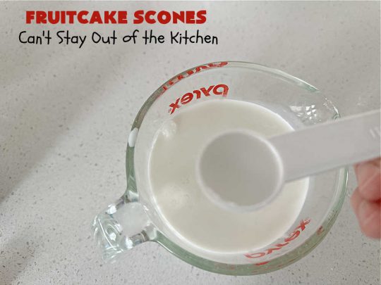 Fruitcake Scones | Can't Stay Out of the Kitchen | these #FruitcakeScones are to die for! Truly, these #scones are filled with #FruitcakeMix & laced with #AlmondExtract in the scone and the icing. Perfect for #breakfast or #brunch menus during #Thanksgiving week or #Christmas week. You'll be drooling over every bite! #holiday #HolidayBreakfast #HolidayBaking #fruitcake #cherries #ParadiseFruit