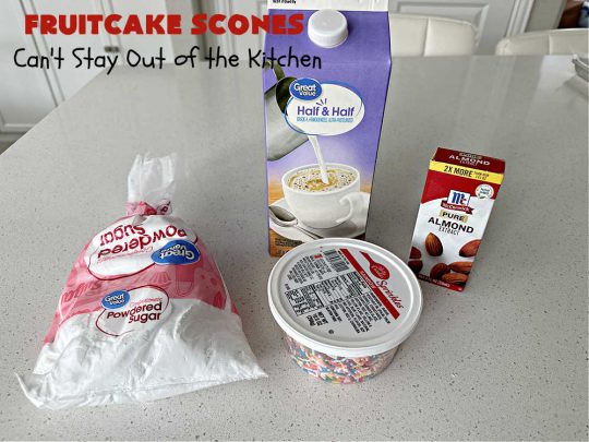 Fruitcake Scones | Can't Stay Out of the Kitchen | these #FruitcakeScones are to die for! Truly, these #scones are filled with #FruitcakeMix & laced with #AlmondExtract in the scone and the icing. Perfect for #breakfast or #brunch menus during #Thanksgiving week or #Christmas week. You'll be drooling over every bite! #holiday #HolidayBreakfast #HolidayBaking #fruitcake #cherries #ParadiseFruit