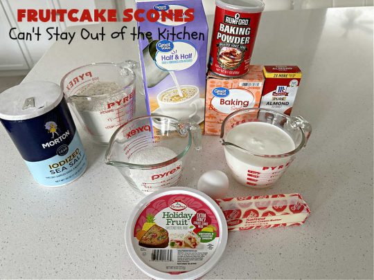Fruitcake Scones | Can't Stay Out of the Kitchen | these #FruitcakeScones are to die for! Truly, these #scones are filled with #FruitcakeMix & laced with #AlmondExtract in the scone and the icing. Perfect for #breakfast or #brunch menus during #Thanksgiving week or #Christmas week. You'll be drooling over every bite! #holiday #HolidayBreakfast #HolidayBaking #fruitcake #cherries #ParadiseFruit