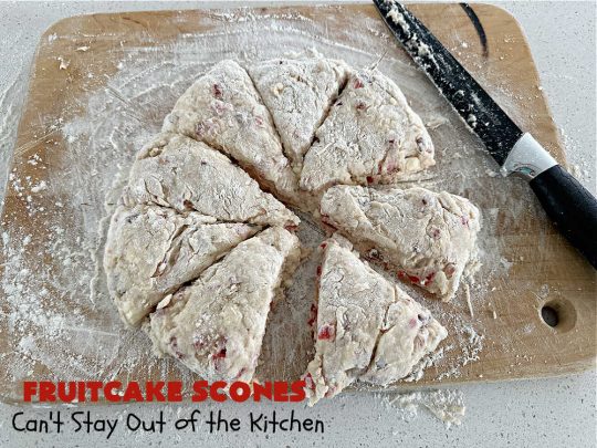 Fruitcake Scones | Can't Stay Out of the Kitchen | these #FruitcakeScones are to die for! Truly, these #scones are filled with #FruitcakeMix & laced with #AlmondExtract in the scone and the icing. Perfect for #breakfast or #brunch menus during #Thanksgiving week or #Christmas week. You'll be drooling over every bite! #holiday #HolidayBreakfast #HolidayBaking #fruitcake #cherries #ParadiseFruit