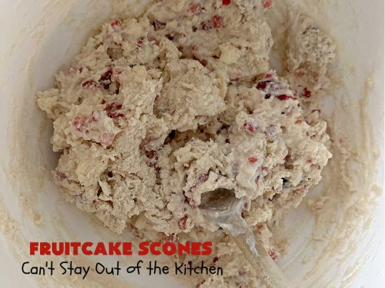 Fruitcake Scones | Can't Stay Out of the Kitchen | these #FruitcakeScones are to die for! Truly, these #scones are filled with #FruitcakeMix & laced with #AlmondExtract in the scone and the icing. Perfect for #breakfast or #brunch menus during #Thanksgiving week or #Christmas week. You'll be drooling over every bite! #holiday #HolidayBreakfast #HolidayBaking #fruitcake #cherries #ParadiseFruit