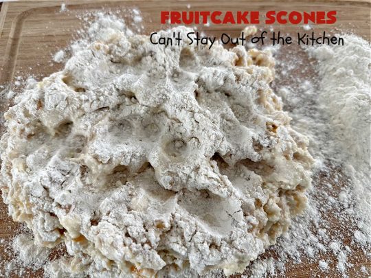 Fruitcake Scones | Can't Stay Out of the Kitchen | these #FruitcakeScones are to die for! Truly, these #scones are filled with #FruitcakeMix & laced with #AlmondExtract in the scone and the icing. Perfect for #breakfast or #brunch menus during #Thanksgiving week or #Christmas week. You'll be drooling over every bite! #holiday #HolidayBreakfast #HolidayBaking #fruitcake #cherries #ParadiseFruit