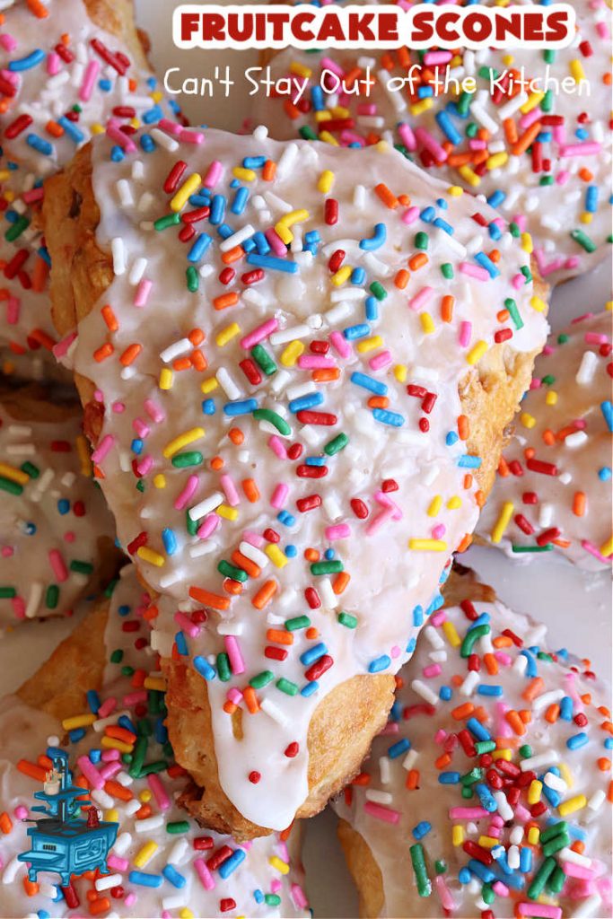 Fruitcake Scones | Can't Stay Out of the Kitchen | these #FruitcakeScones are to die for! Truly, these #scones are filled with #FruitcakeMix & laced with #AlmondExtract in the scone and the icing. Perfect for #breakfast or #brunch menus during #Thanksgiving week or #Christmas week. You'll be drooling over every bite! #holiday #HolidayBreakfast #HolidayBaking #fruitcake #cherries #ParadiseFruit