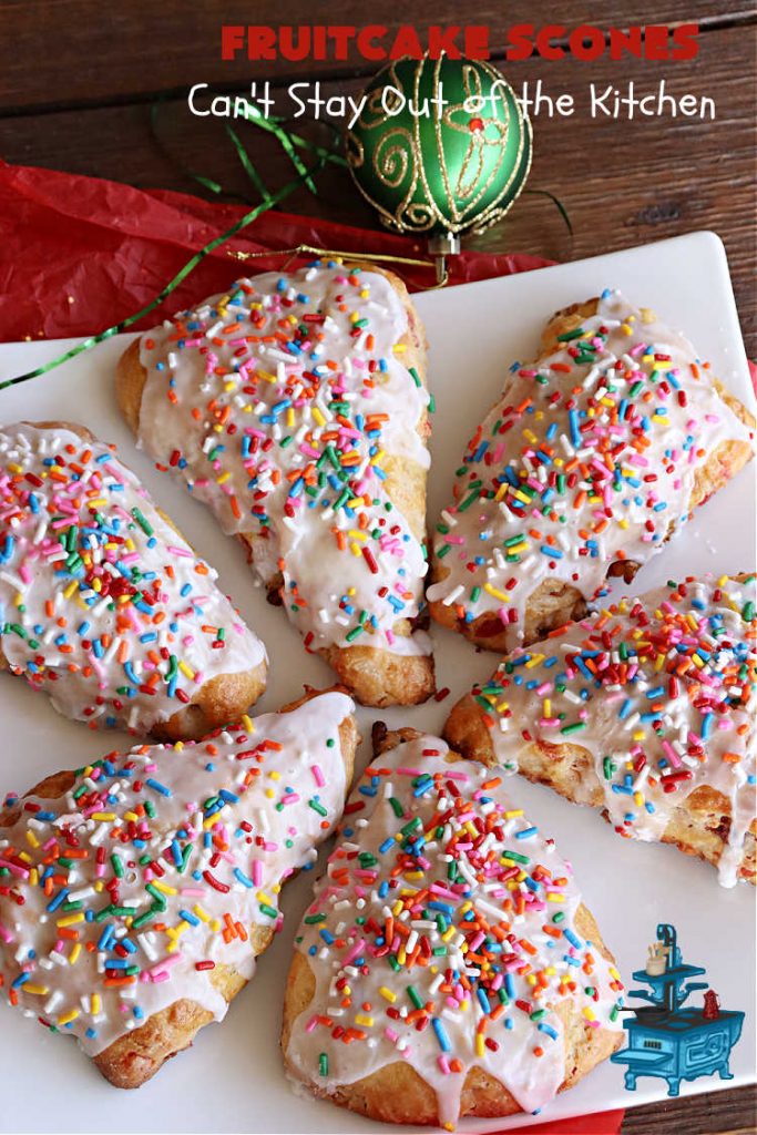 Fruitcake Scones | Can't Stay Out of the Kitchen | these #FruitcakeScones are to die for! Truly, these #scones are filled with #FruitcakeMix & laced with #AlmondExtract in the scone and the icing. Perfect for #breakfast or #brunch menus during #Thanksgiving week or #Christmas week. You'll be drooling over every bite! #holiday #HolidayBreakfast #HolidayBaking #fruitcake #cherries #ParadiseFruit